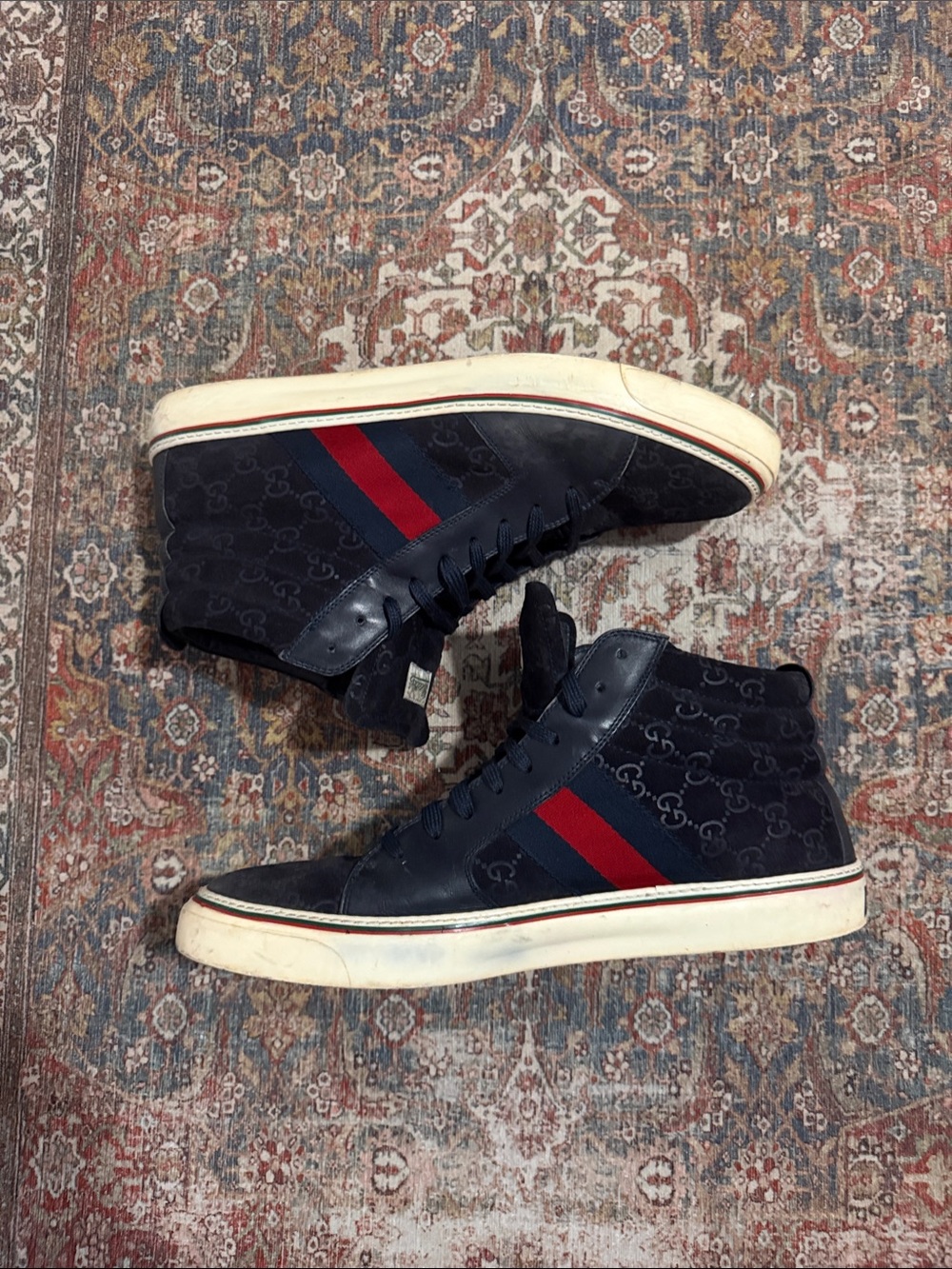 Men's ✨GUCCI ✨Navy High-Top Sneakers with Red & Blue Stripe MADE IN 🇮🇹 ITALY